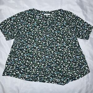 Chico's Womens Print Tshirt Size 3 (XL) Black Green Leaves Cotton Assymetrical